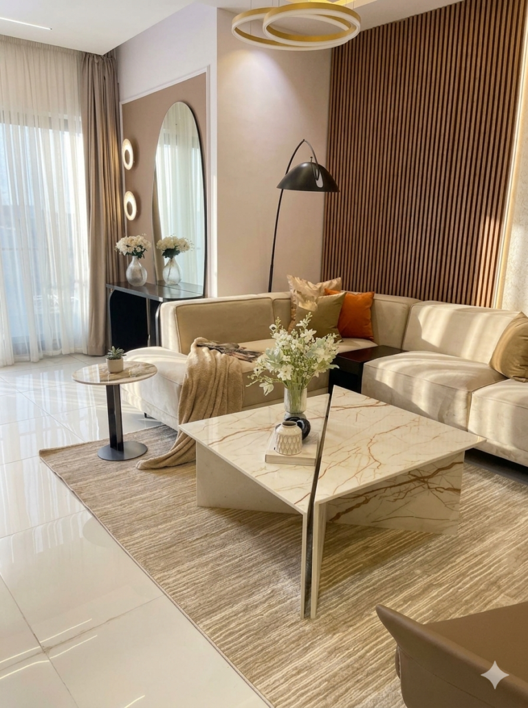 Step into bright, spacious interiors featuring elegant décor, designer lighting, plush seating areas, and floor-to-ceiling windows that fill the home with natural light.